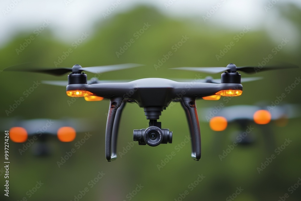 Poster drone with a mounted camera hovering above a grassy field emphasizing the use of uav technology in a