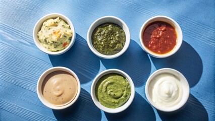 Set of different Sauce in white bowl from top view isolated on background, flat lay of various...