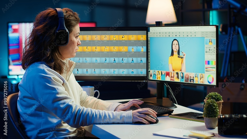 Poster freelancer editing professional photographs, working in home studio while enjoying music. photo edit