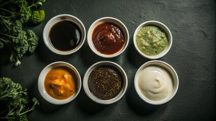 Set of different Sauce in white bowl from top view isolated on background, flat lay of various tasty dipping sauces cuisine.