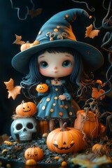 Cute Halloween Witch Figurines with Pumpkins and Skulls in Autumn Theme
