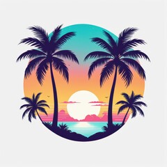 Obraz premium A vibrant sunset scene with palm trees and a tranquil ocean view.