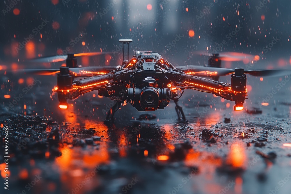 Poster rain soaked drone with orange lights hovering over a wet surface highlighting the resilience and fun