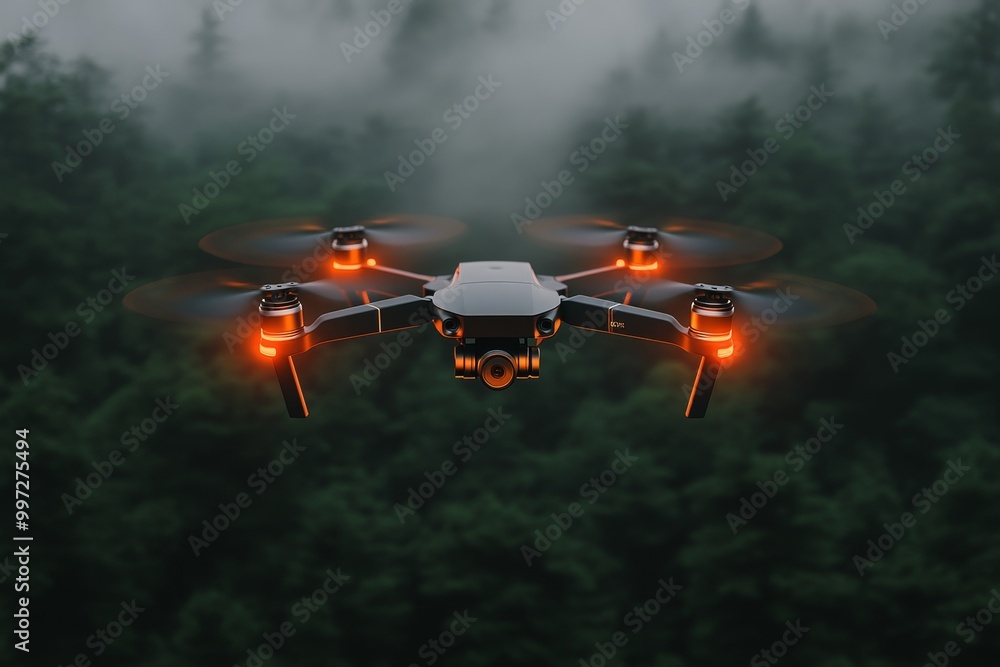 Poster drone with orange lights flying low over a dense forest symbolizing the versatility and reliability 