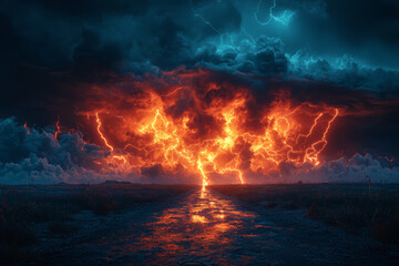 Fototapeta premium A powerful lightning storm over a dramatic landscape, with bolts illuminating the sky and landscape, evoking a sense of awe at nature's force.