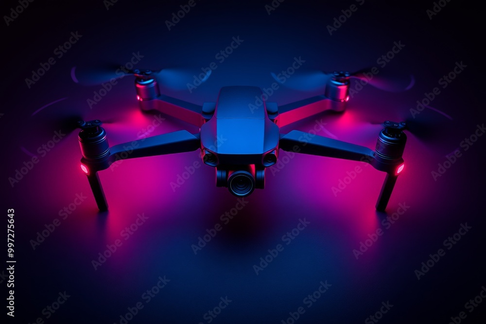 Aufkleber drone with glowing pink and blue lights hovering in a dark studio setting emphasizing the sleek desi
