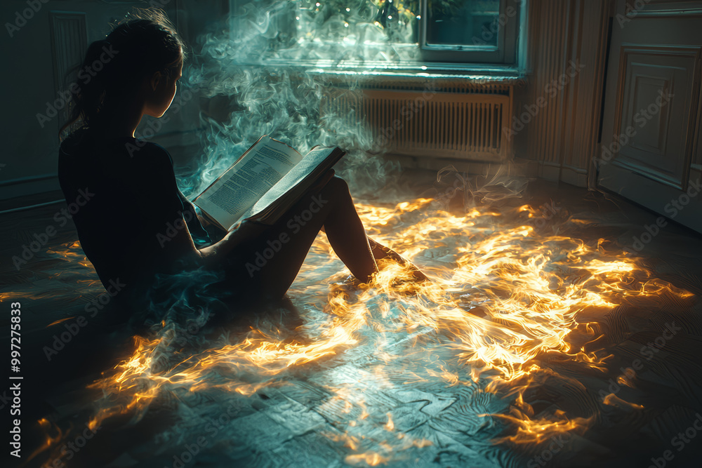 Poster a person sitting in a sunlit room with an open book, but the book's pages are filled with dark, swir