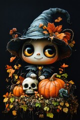 Cute Halloween Witch Figurines with Pumpkins and Skulls in Autumn Theme
