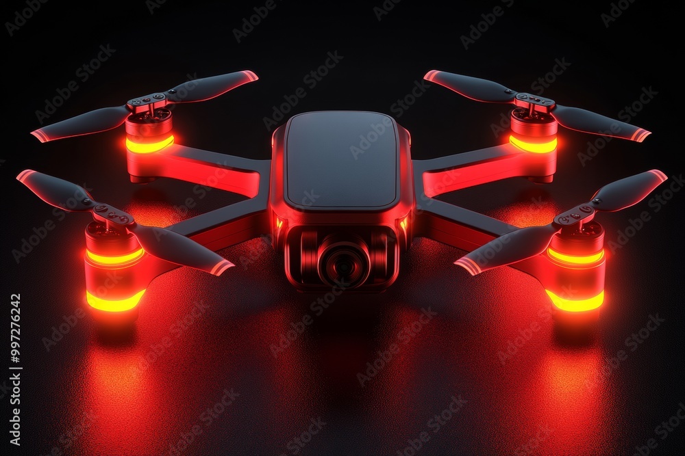 Poster black and red drone glowing in a dark studio setting representing the high tech capabilities of uavs