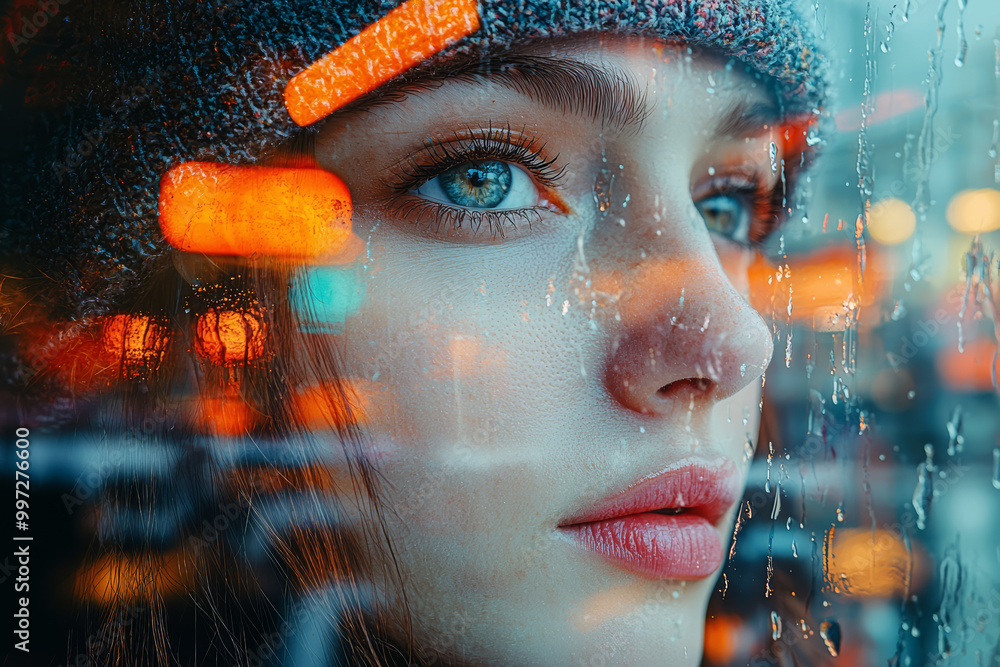 Poster a person in a colorful, busy street scene with their reflection in a shop window showing a face obsc