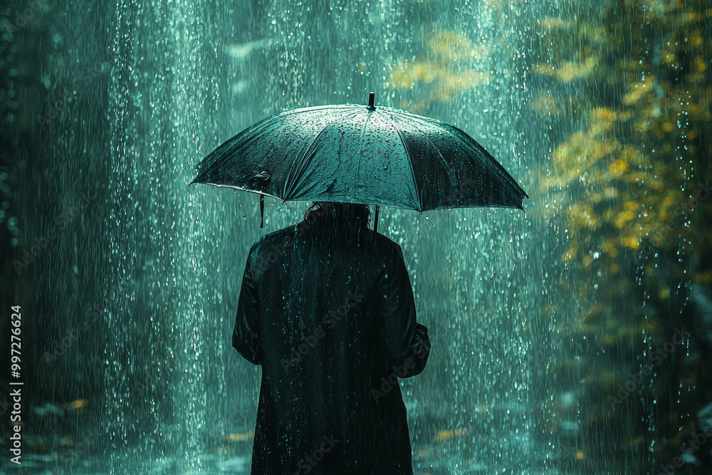 Poster a person holding an umbrella against a storm, while behind them, a wall of rain forms a mirror showi