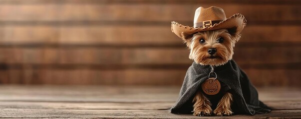 Yorkshire terrier dressed as a cowboy riding a tiny hobby horse, cowboy dog, western-themed Halloween pet