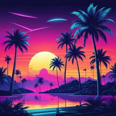 Fototapeta premium A vibrant sunset scene with palm trees and a reflective water surface in a tropical landscape.