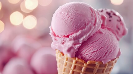 A delightful pink ice cream cone features soft, swirled scoops piled high, showcasing a tempting treat perfect for a warm day at a cheerful ice cream shop