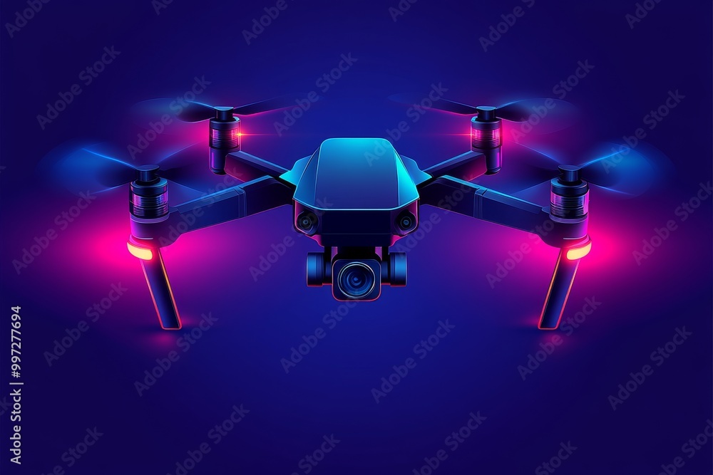 Poster black drone with neon lights hovering in a dark background symbolizing the cutting edge design and a