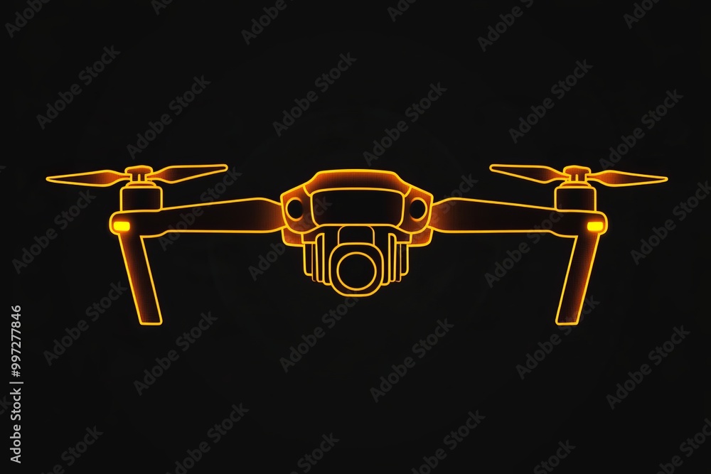 Poster minimalist neon outline of a drone on a black background emphasizing the streamlined design and futu