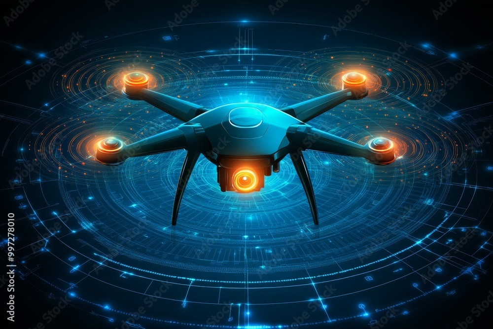 Poster drone with orange lights hovering over a futuristic digital network symbolizing uav technologys inte