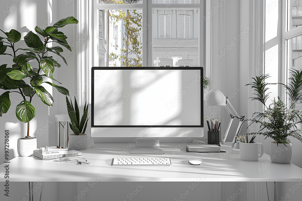 Poster a minimalist desk with just a sleek monitor and a clean, white surface, emphasizing the streamlined 