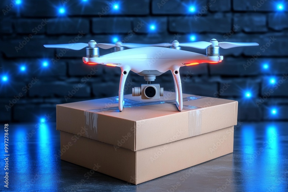 Poster drone resting on a cardboard box with neon lights in the background representing uav technologys rol