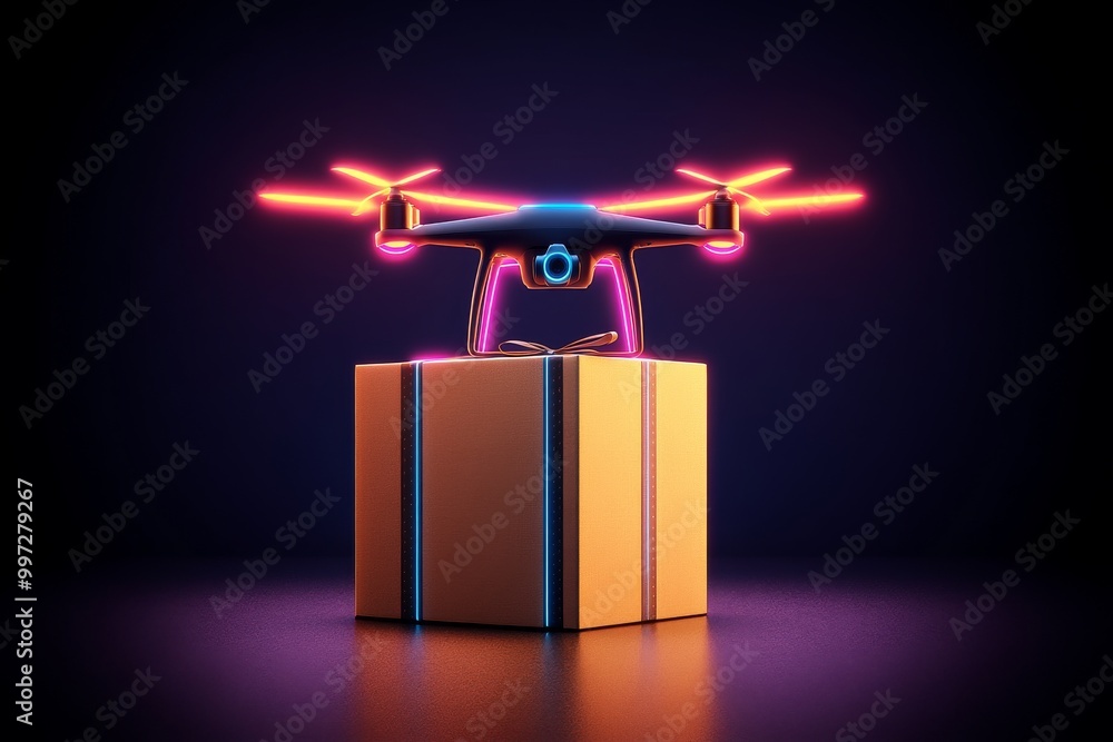 Poster pink lit drone resting on a box in a studio setting symbolizing uav technologys integration in smart