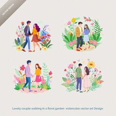 Fototapeta premium Romantic Stroll - Lovely Couple in Floral Garden - Watercolor Vector Art Design