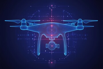 Neon blue drone hovering mid air in a digital grid symbolizing UAV technologys role in advanced urban logistics and secure deliveries