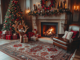 Christmas and New Year interior - blur background: fireplace, lamps, green Christmas tree, brown leather sofa, gifts, candles, moose rocking chair. Lots of lights glowing in the dark