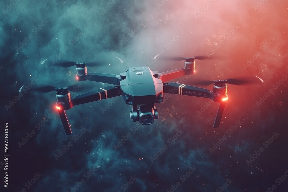 Poster drone hovering in a misty forest at sunset symbolizing uav technologys role in environmental monitor
