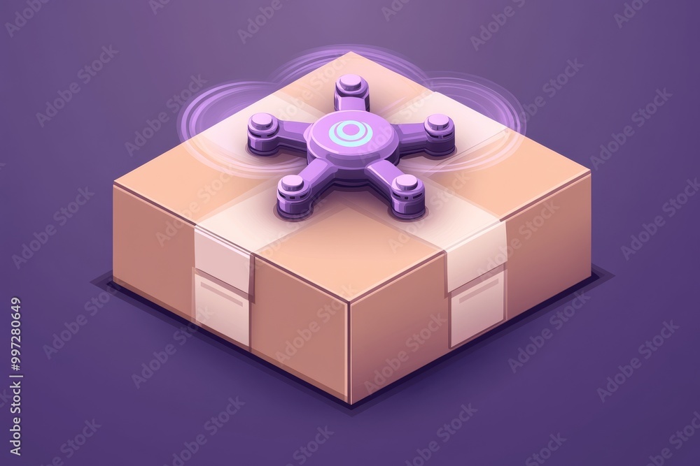 Poster small purple drone resting on a cardboard box in a neon lit studio emphasizing uav technology’s role