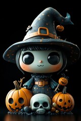 Cute Halloween Witch Figurines with Pumpkins and Skulls in Autumn Theme