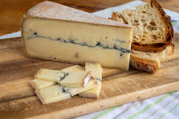 Cheese collection, French Morbier semi-soft cow milk cheese with black mold layer close up