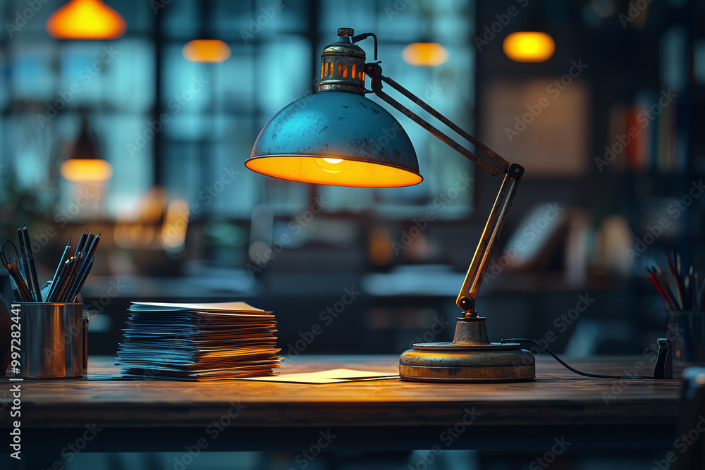 Poster a clean, empty workspace with a single desk lamp and a neat stack of papers, illustrating the focus 