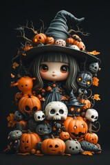 Cute Halloween Witch Figurines with Pumpkins and Skulls in Autumn Theme
