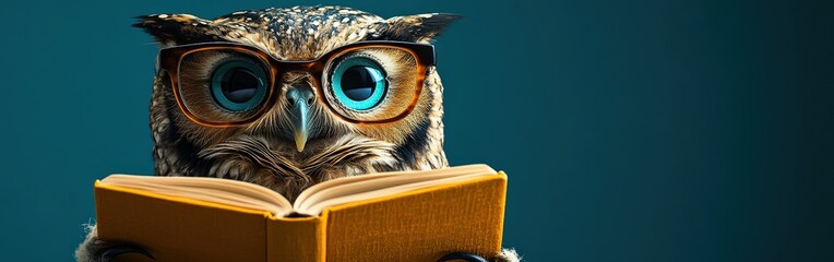 Wise owl wearing glasses, reading a book on blue background symbolizing knowledge and wisdom