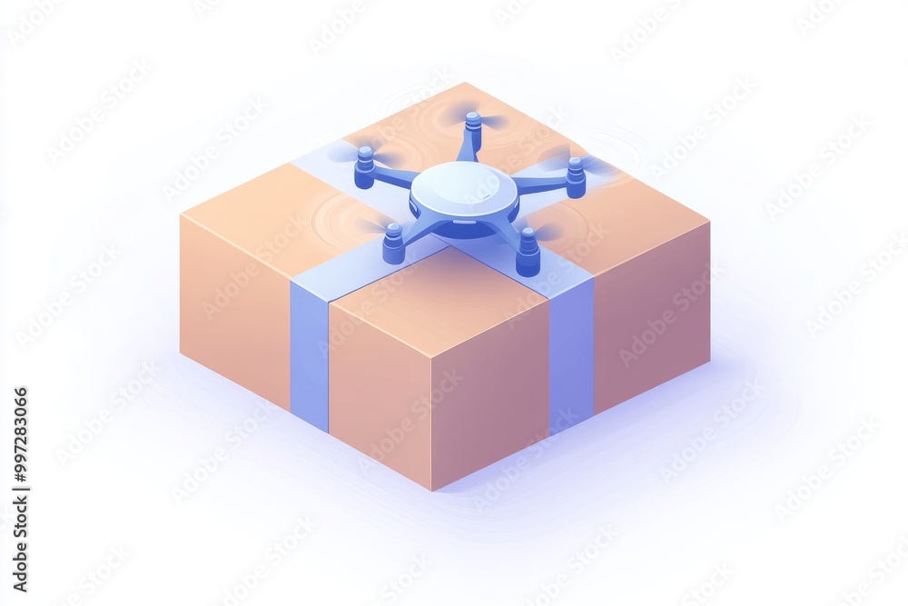 Aufkleber blue tinted drone resting on a wrapped box with a blue ribbon in a clean futuristic setting symboliz
