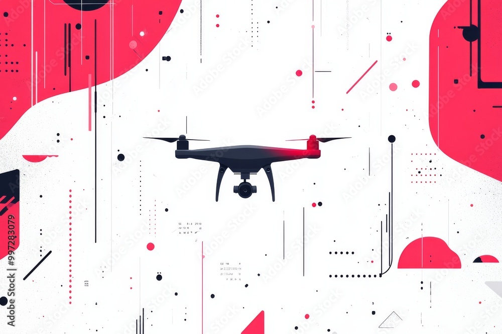 Poster white drone hovering against a white and red abstract backdrop symbolizing the integration of uavs i