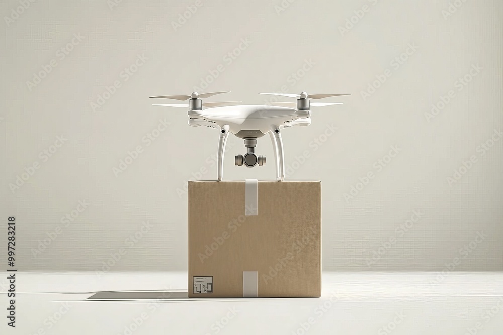 Poster white drone hovering over a cardboard box in a clean studio symbolizing uav technology’s role in sec