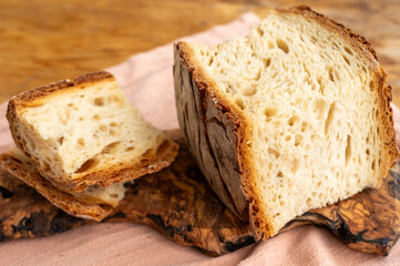 Freshly baked big sourdough traditional italian bread on olive wood fired oven