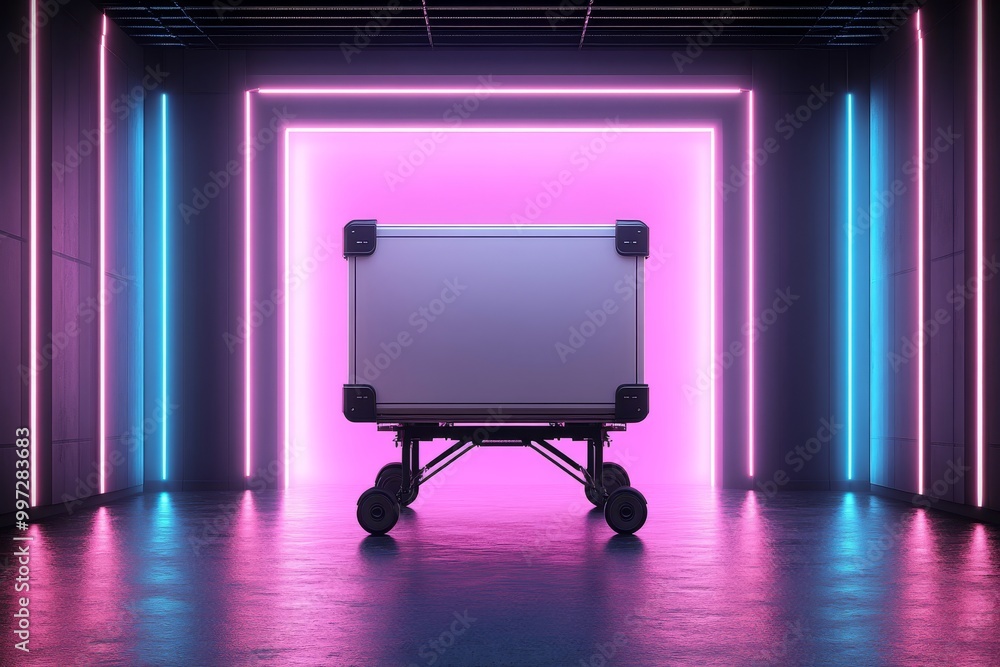 Poster futuristic cargo drone illuminated by neon lights hovering in a neon pink corridor symbolizing moder
