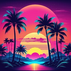 Obraz premium A vibrant sunset scene with palm trees and mountains, evoking a tropical paradise.