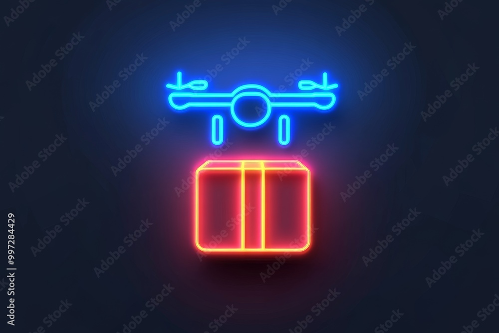 Poster neon outline drone with a cargo box in a dark background symbolizing the integration of uav technolo