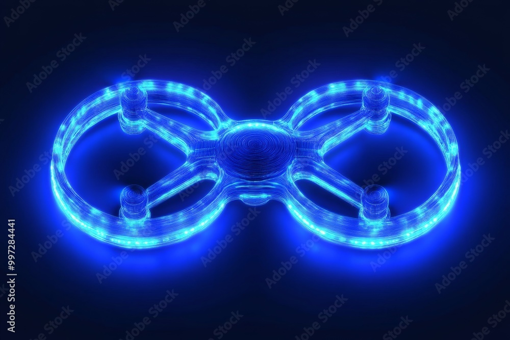 Aufkleber blue neon circular drone hovering mid air in a dark futuristic environment representing uav technolo