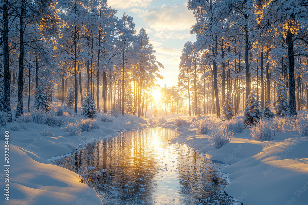 Poster a breathtaking view of a tranquil forest covered in a blanket of fresh snow, with sunlight filtering