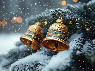 Christmas holiday decoration with vintage Christmas bells on a white winter festive background