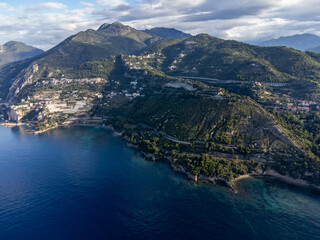 Obraz premium Aerial view on Italian Riviera and Mediterranean Sea from French-Italian border in Grimaldi village, Ventimiglia near San-Remo, travel destination, panoramic view from above