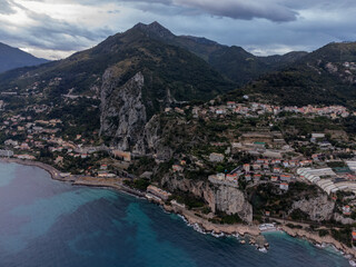 Aerial view on Italian Riviera and Mediterranean Sea from French-Italian border in Grimaldi...