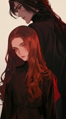 Naklejka premium An anime boy stands behind an elegant woman with long flowing hair, holding her hand gently from behind. The woman turns her head towards him, creating a moment of connection and intimacy.