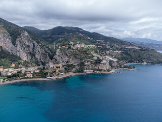 Aerial view on Italian Riviera and Mediterranean Sea from French-Italian border in Grimaldi village, Ventimiglia near San-Remo, travel destination, panoramic view from above