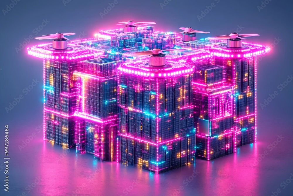 Poster futuristic drone hovering over a glowing neon cube symbolizing smart city logistics and the integrat