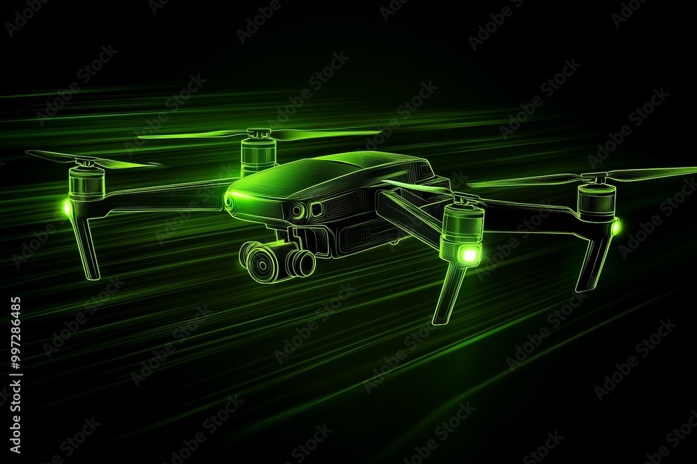 Poster green hued drone flying in a neon lit space symbolizing the integration of uav technology in fast hi